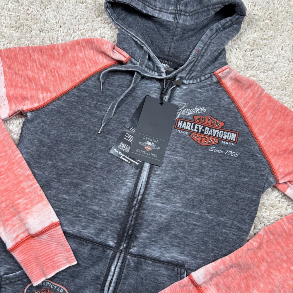 Harley-Davidson Hoodie Women S Gray Orange Burnout Rhinestone Full Zip NWT